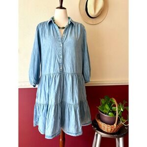 Gap Blue Denim Chambray Tiered Mini Dress L Tall 100% Cotton Peasant Boho Pocket